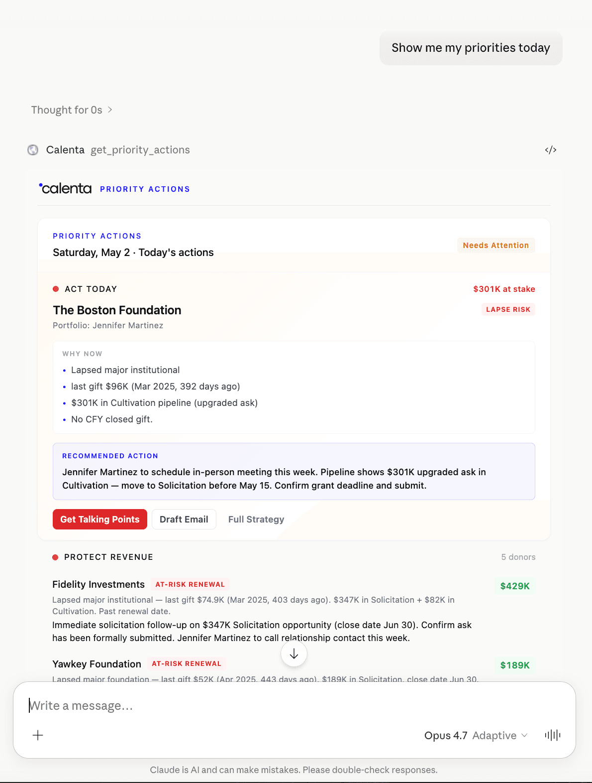 Calenta priority actions in Claude — Boston Foundation lapse risk with reasoning bullets and recommended action